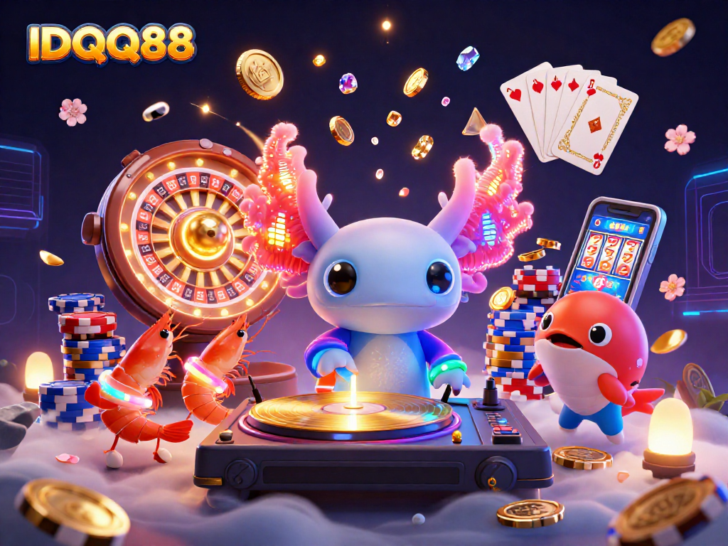 IDQQ88 showcases a vibrant axolotl DJ with festive shrimp, surrounded by dazzling casino elements.