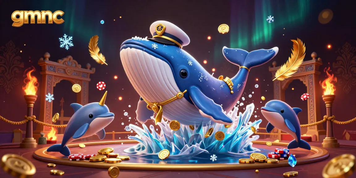 Playful scene featuring gmnc, a 3D whale breaching through coins, enhancing online gambling excitement.