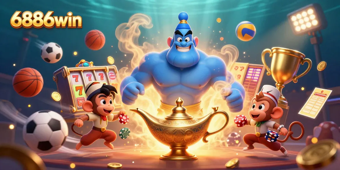 Experience thrilling jackpots with 6886win's engaging illustrations of a magical genie, monkey, and exciting slot elements.