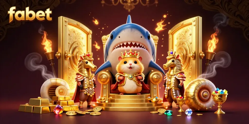 Engage in thrilling adventures with fabet as a tiny golden hamster king rules from a megalodon throne in a treasure-filled sea.