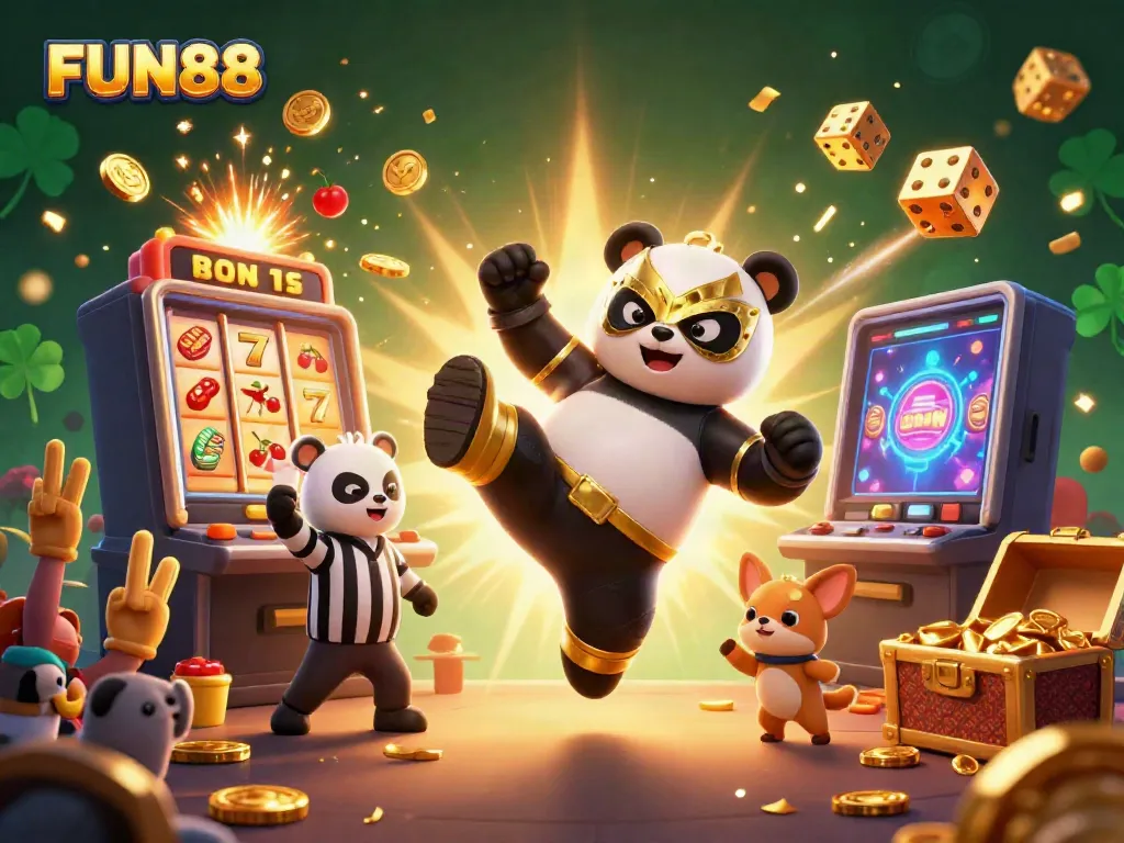 Experience the thrill of FUN888 with a lively illustration of a wrestling panda surrounded by casino elements, celebrating wins!