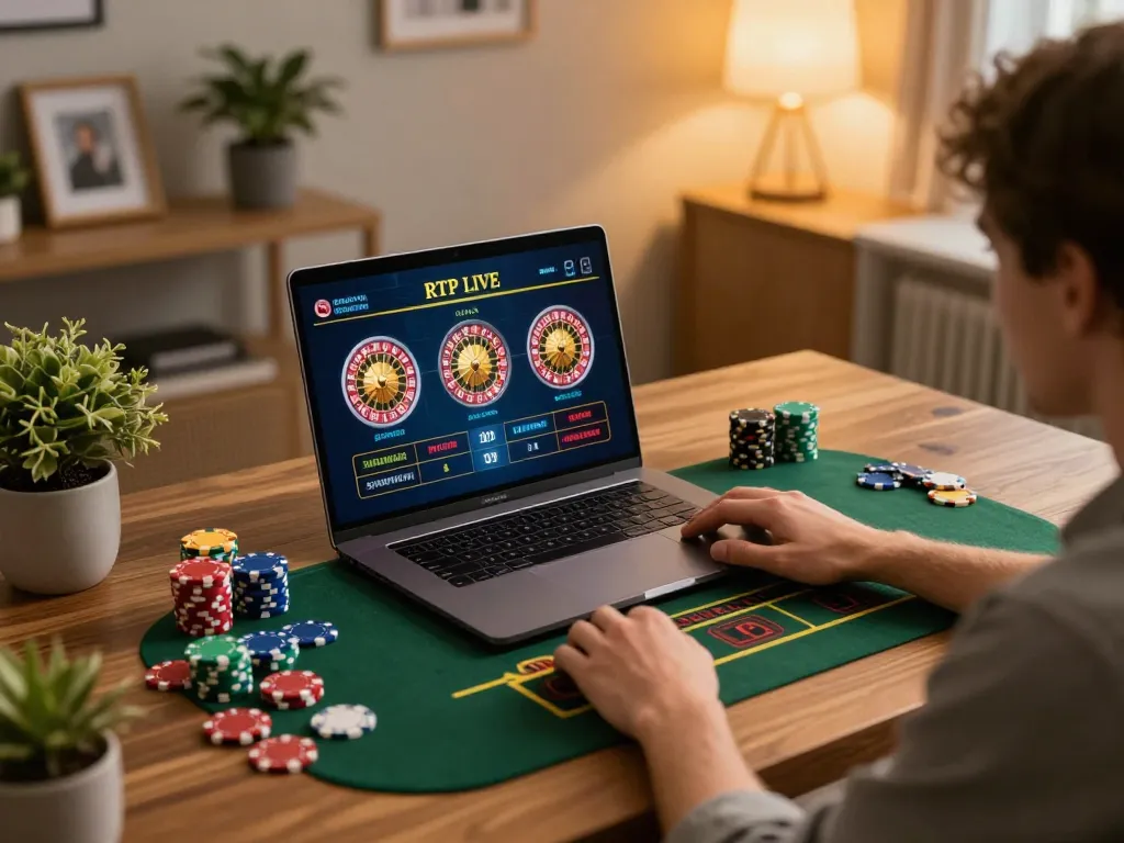 Engaging with RTP Live roulette gameplay on laptop in a cozy home setting