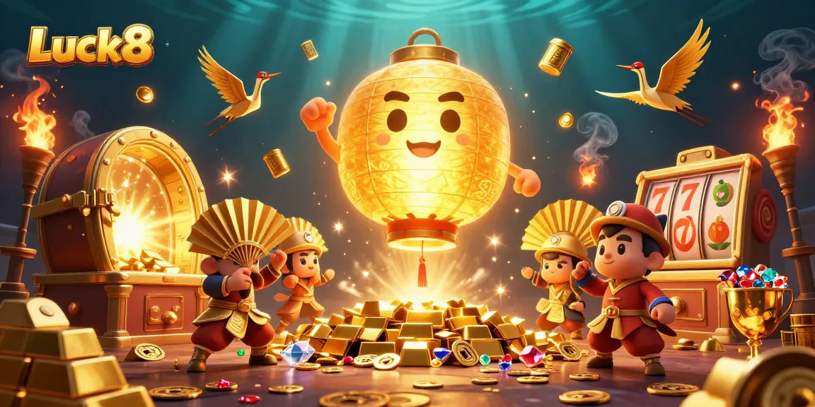 Win big with Luck8 in a vibrant casino scene featuring golden lanterns, slot reels, and treasures.