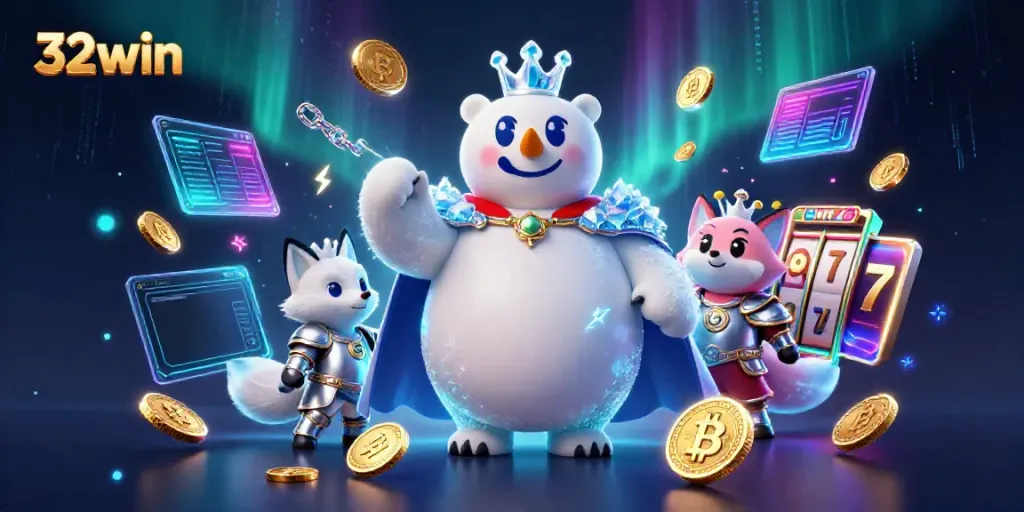 Engage in thrilling gameplay with 32win's unique crypto casino experience featuring vibrant characters.