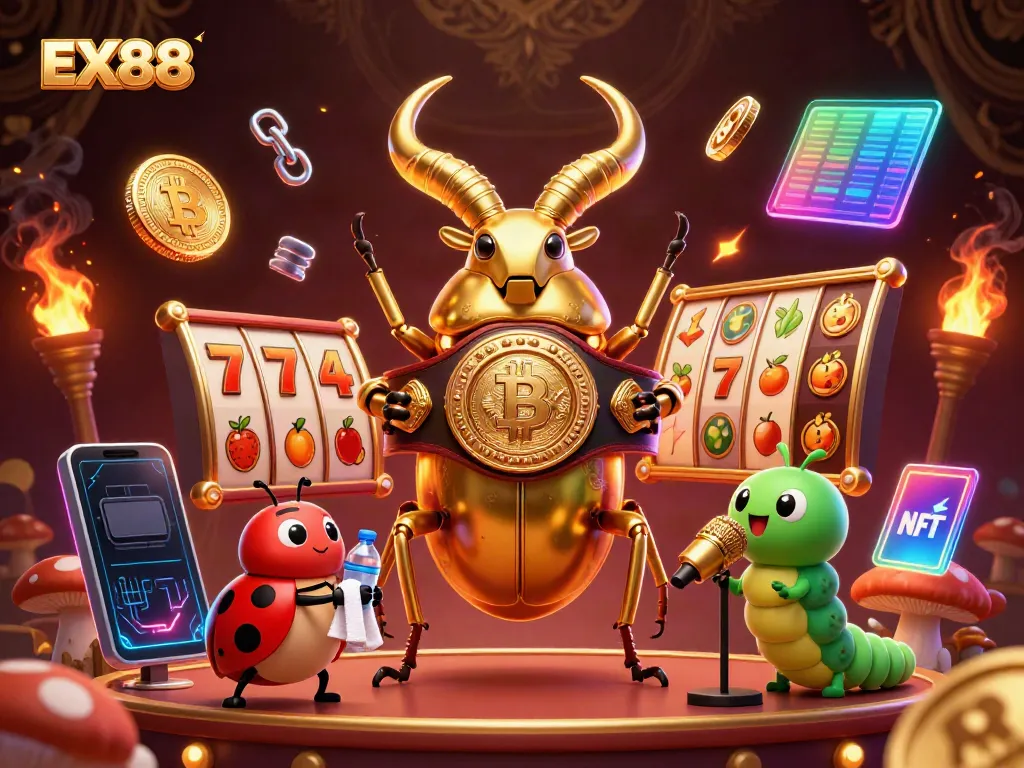 Experience the thrill of EX88 with a dynamic golden stag beetle boxing match amidst slot machine symbols.
