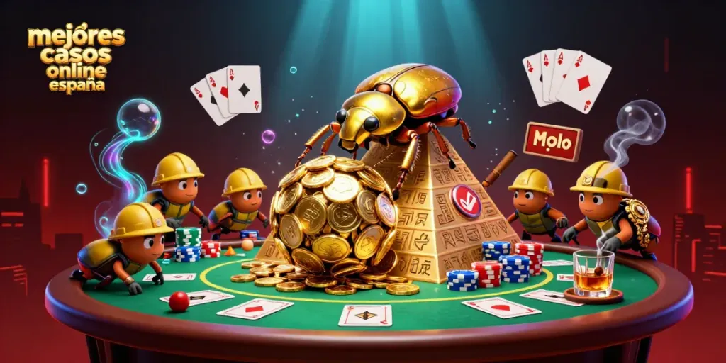 Ilustración sobre los mejores casinos online en España con un escarabajo dorado y elementos de juego.
