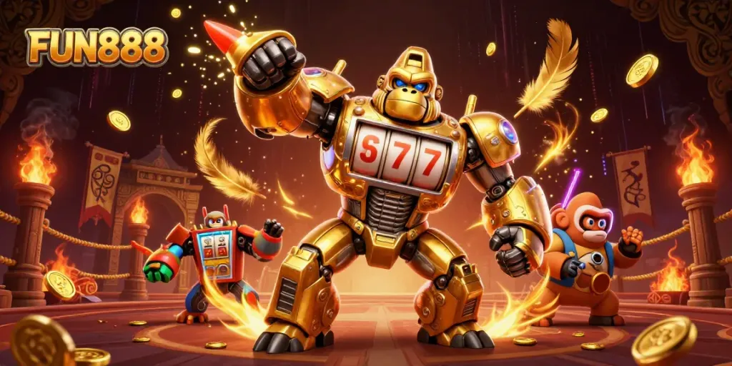 Experience thrilling gameplay with FUN888 featuring a dynamic 3D golden gorilla mech amidst vibrant casino elements.