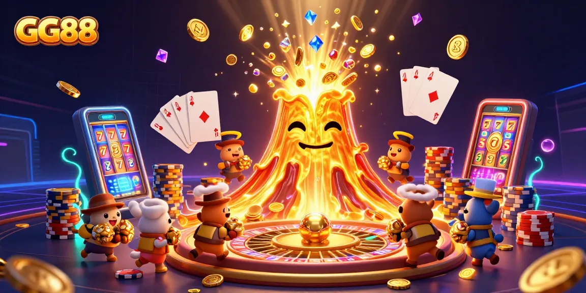 Experience GG88 with a triumphant golden volcano erupting treasures, vibrant gameplay, and casino excitement.