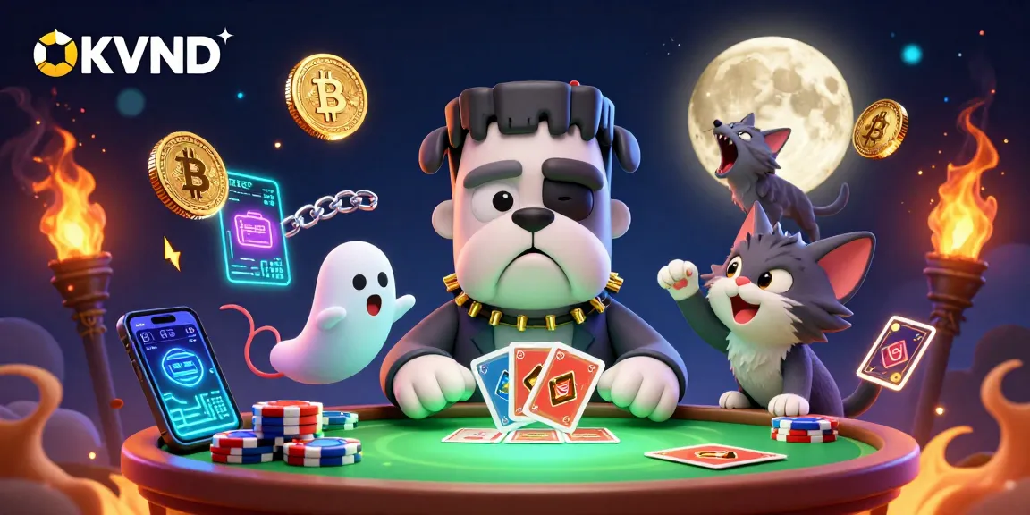 Join the fun with OKVND as the 3D cartoon Frankenstein bulldog deals cards at a vibrant casino table.