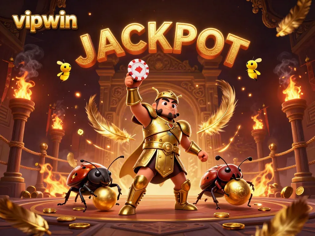 Win big at vipwin with a heroic beetle lifting a poker chip amid a vibrant casino scene.