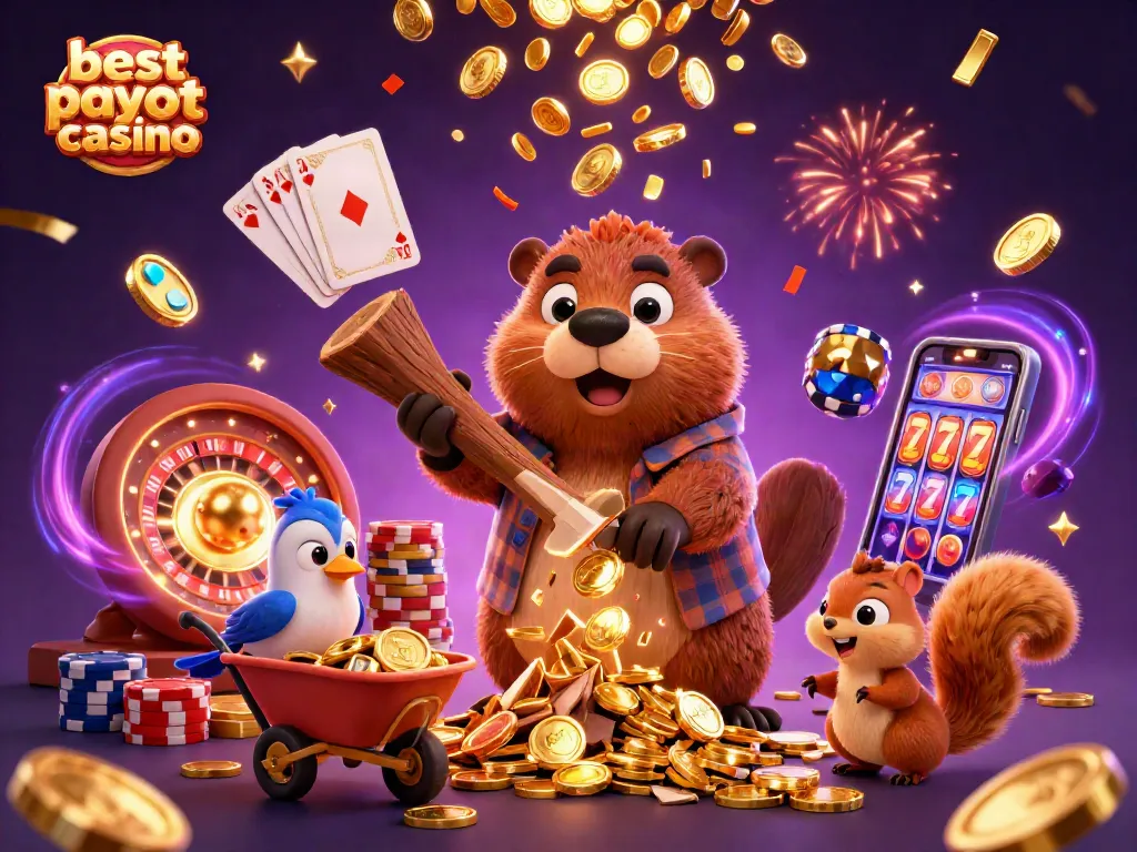 Experience the excitement of the best payout casino with gold coins cascading from a whimsical lumberjack beaver.