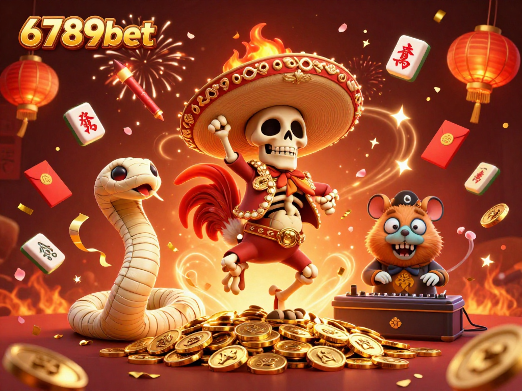 6789bet presents a captivating casino scene with a celebratory rooster, mummy snake, and DJ hamster dancing on golden coins amid festive decorations.