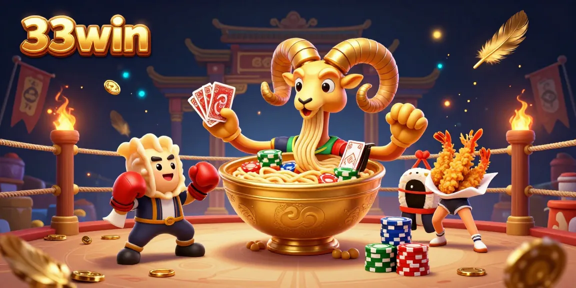 Engage with the thrilling 33win cockfighting scene featuring a golden ramen bowl dealer and vibrant betting atmosphere.