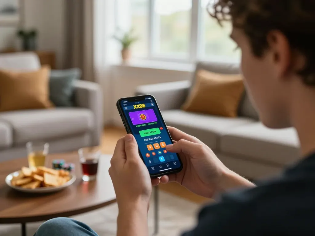 Player engaging with the xx88 mobile casino app on their smartphone in a cozy home environment