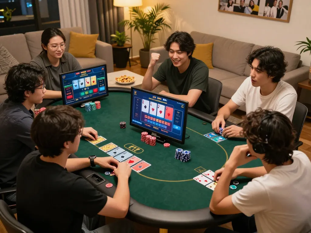 Players engaged in competitive online poker using the UG DEWA platform, showcasing lively home gaming ambiance.