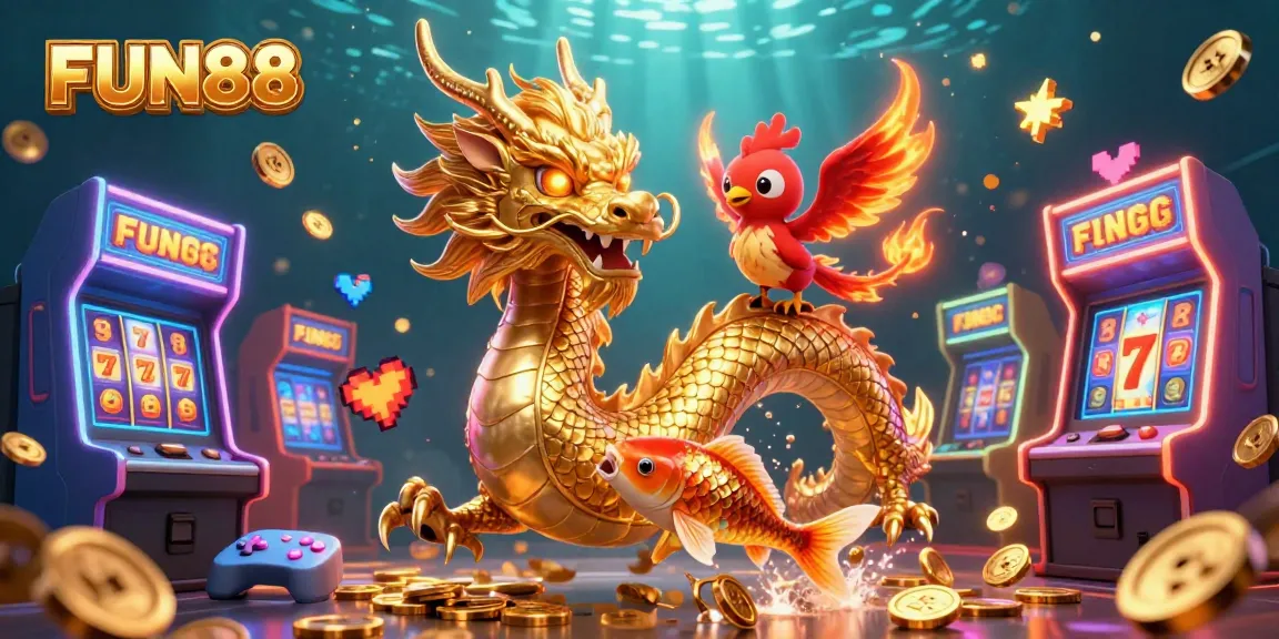 Engage with FUN88's exciting games featuring a golden dragon, phoenix, and koi fish amidst vibrant slot machines.