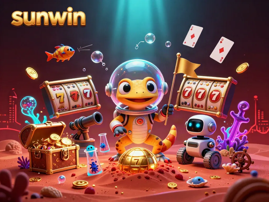 Engage with sunwin's exciting slots and jackpots alongside a cartoon Martian gecko exploring a golden casino.