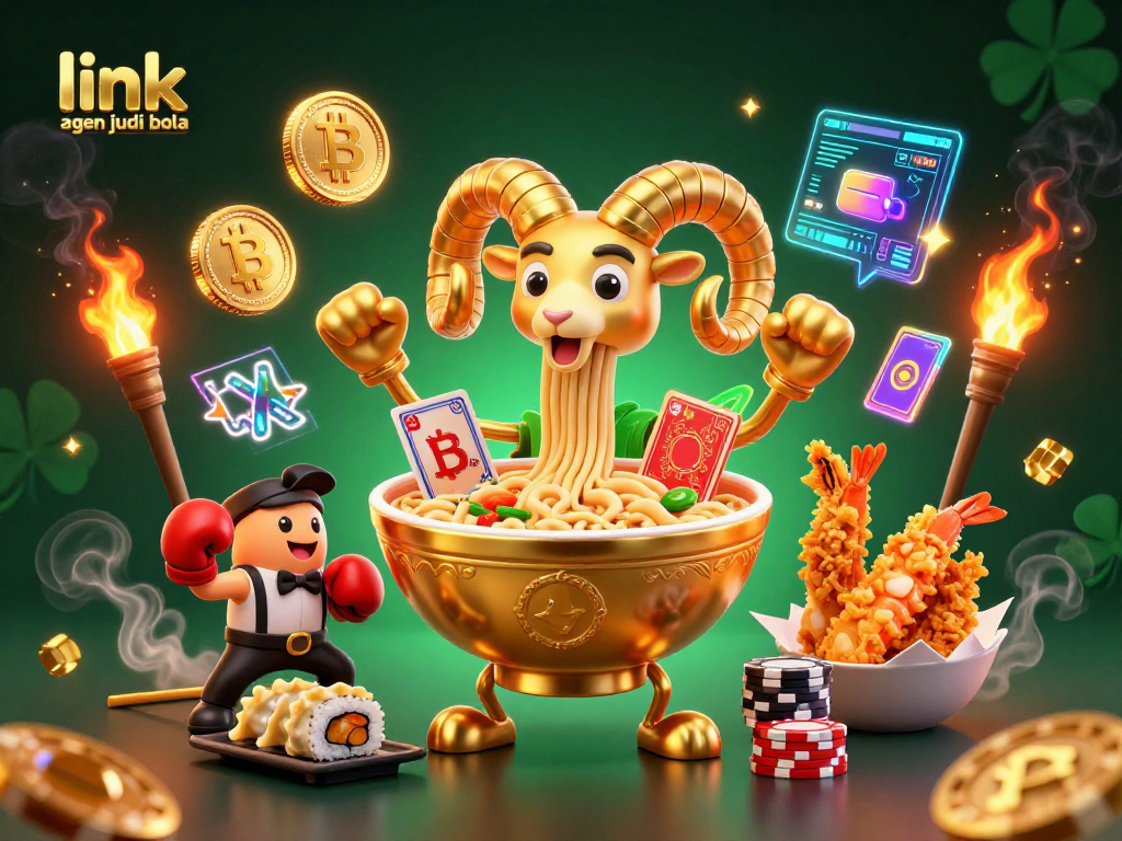 Engage in thrilling action with link agen judi bola, featuring a giant ramen bowl dealer surrounded by crypto elements.