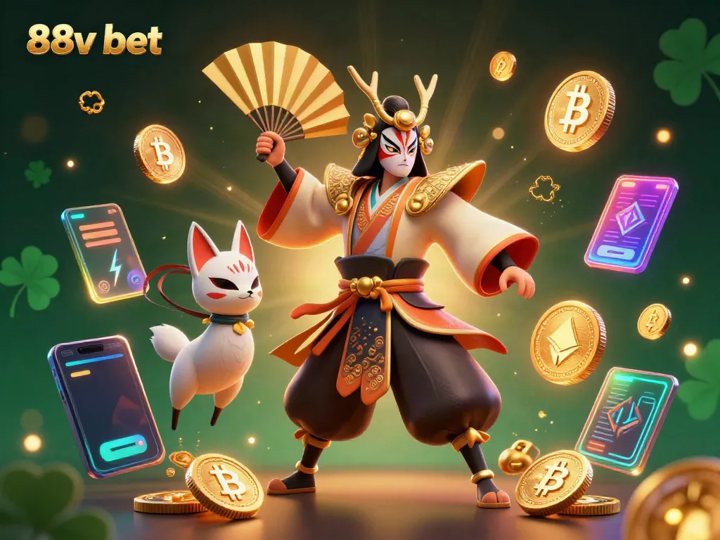 Join the 88v bet adventure with kabuki warriors and radiant spirits in a vibrant casino scene.