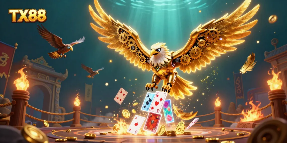TX88 showcases a cybernetic eagle diving through holographic cards in an energetic casino scene.
