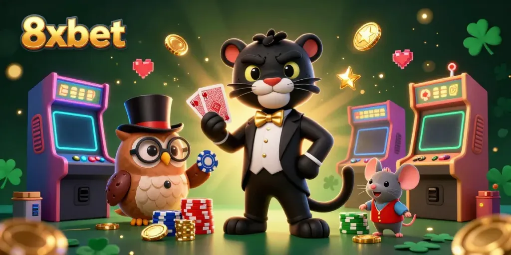8xbet gaming scene with a panther dealing cards, an owl with poker chips, and a lucky mouse.