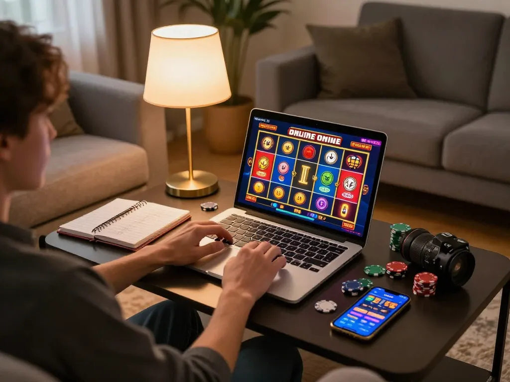 Engaging with UG DEWA online slot game on a cozy home setup with gaming strategies nearby.