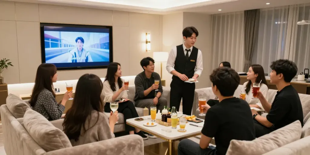 강남 구구단의 세련된 프라이빗 룸에서 친구들이 즐거운 대화를 나누고 있는 모습