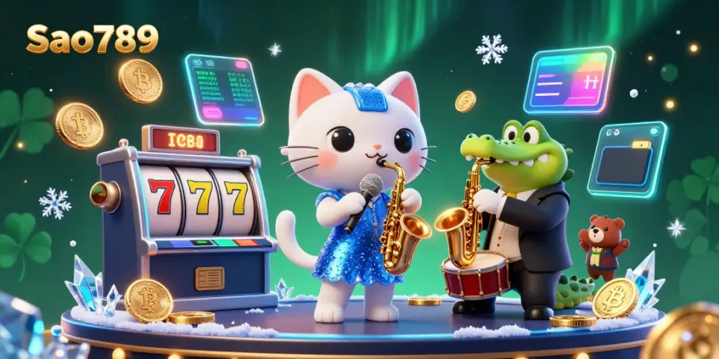Sao789's vibrant online casino scene featuring singing animals and dynamic gaming elements.