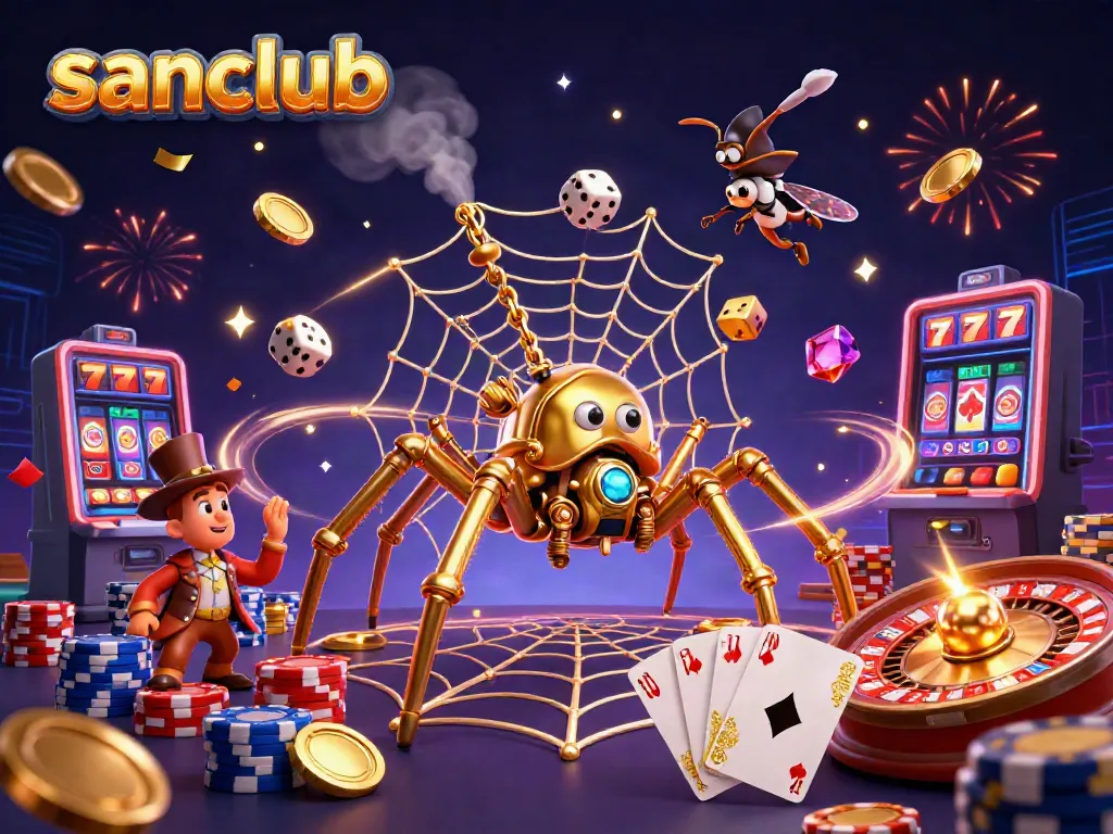 Experience sanclub's thrilling casino adventure with a steampunk spider and vibrant gaming elements.