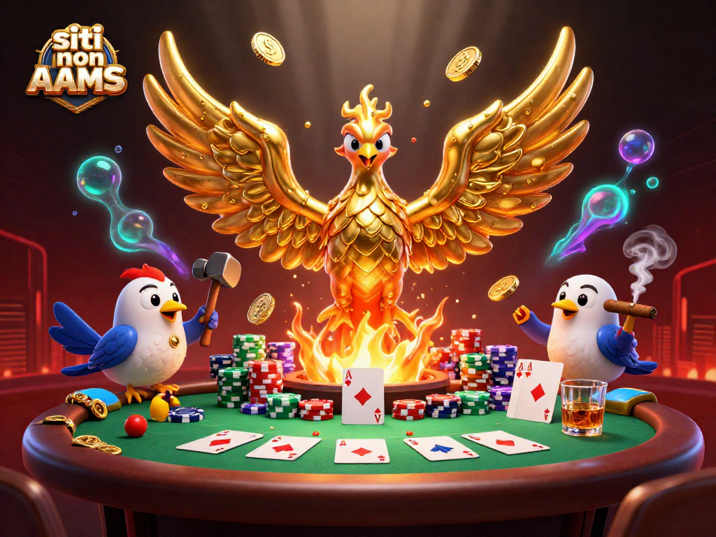 Giocatori che esplorano siti non AAMS con un'illustrazione 3D di un fenice dorata e un tavolo da poker.