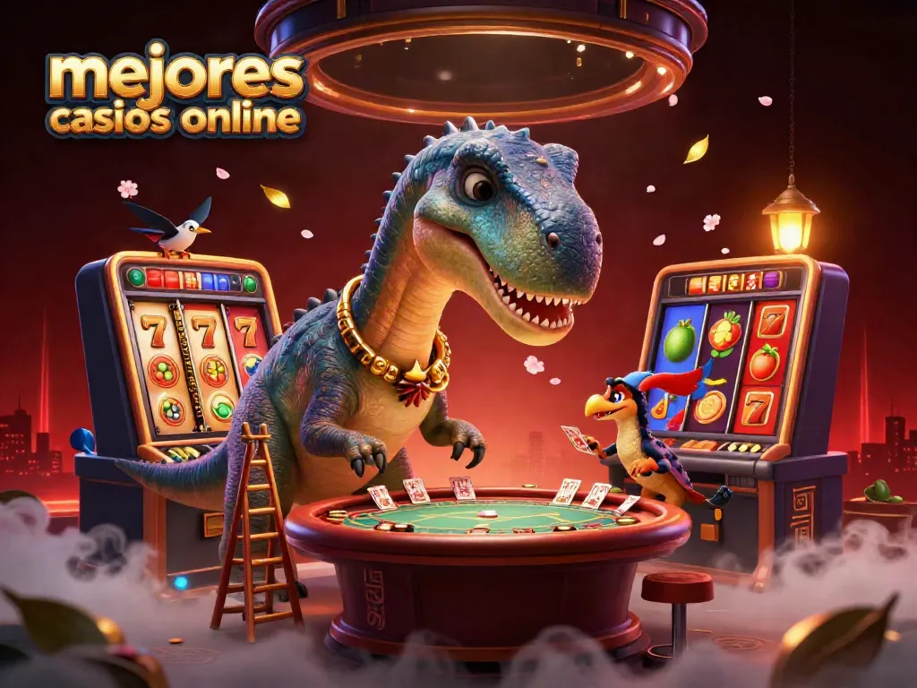 Ilustración de los mejores casinos online con un brontosaurio en un casino, mostrando juegos y emoción.