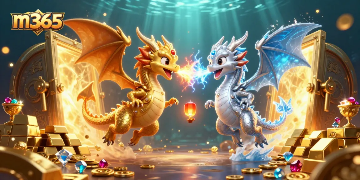 Experience epic m365 gaming action with gold and silver dragons amidst treasure and dramatic effects.