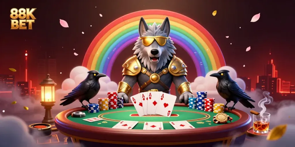 Experience thrilling action with 88K BET as Odin stands guard over casino chips, surrounded by poker riches.