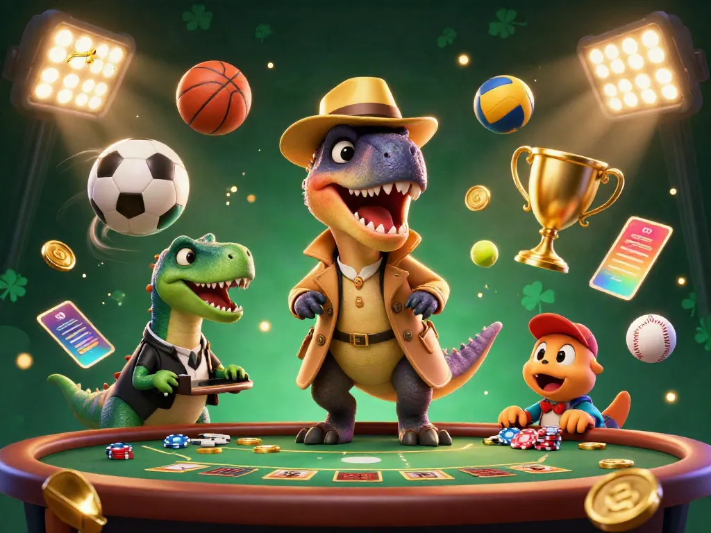 Experience thrilling gameplay at UGDEWA with a stealthy velociraptor card counter at a vibrant casino scene.
