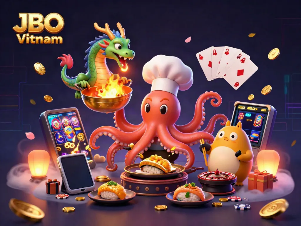 Engaging scene showcasing JBO Vietnam's vibrant gaming culture with the octopus chef, wasabi dragon, and tanuki customer.