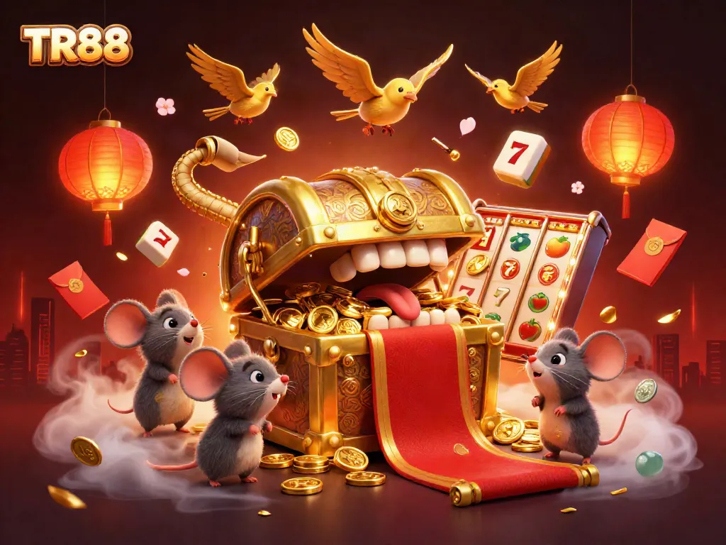 Engage in TR88 casino adventures with vibrant slot reels, lucky symbols, and festive elements.
