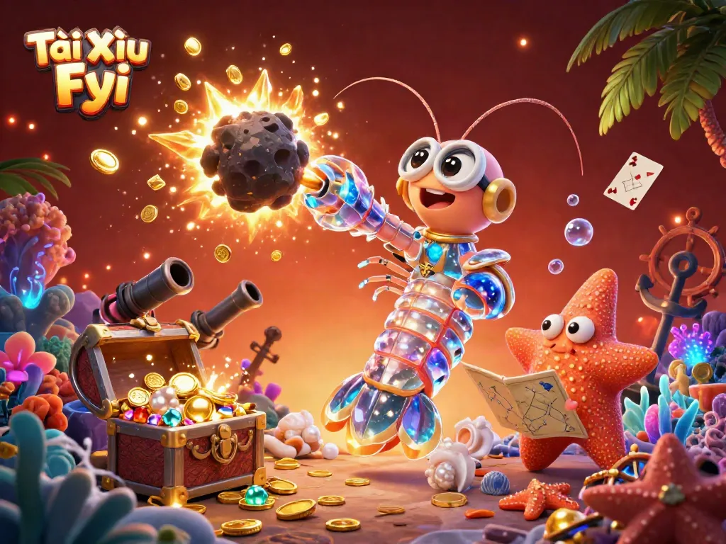 Tài Xỉu Fyi showcases a galactic mantis shrimp bursting gems while a starfish navigates, symbolizing casino excitement.