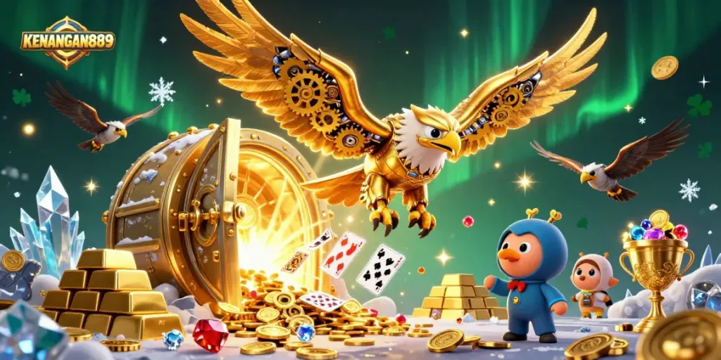 Experience KENANGAN889 with a vibrant 3D eagle diving through holographic cards and treasures.