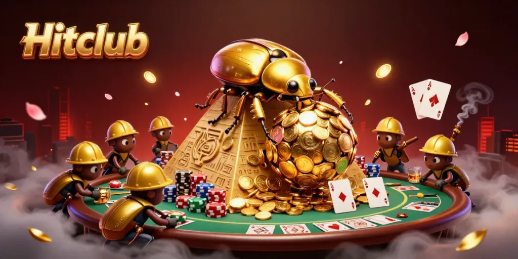 Engage with Hitclub at the casino, showcasing beetles rolling golden coins amid vibrant gaming elements.