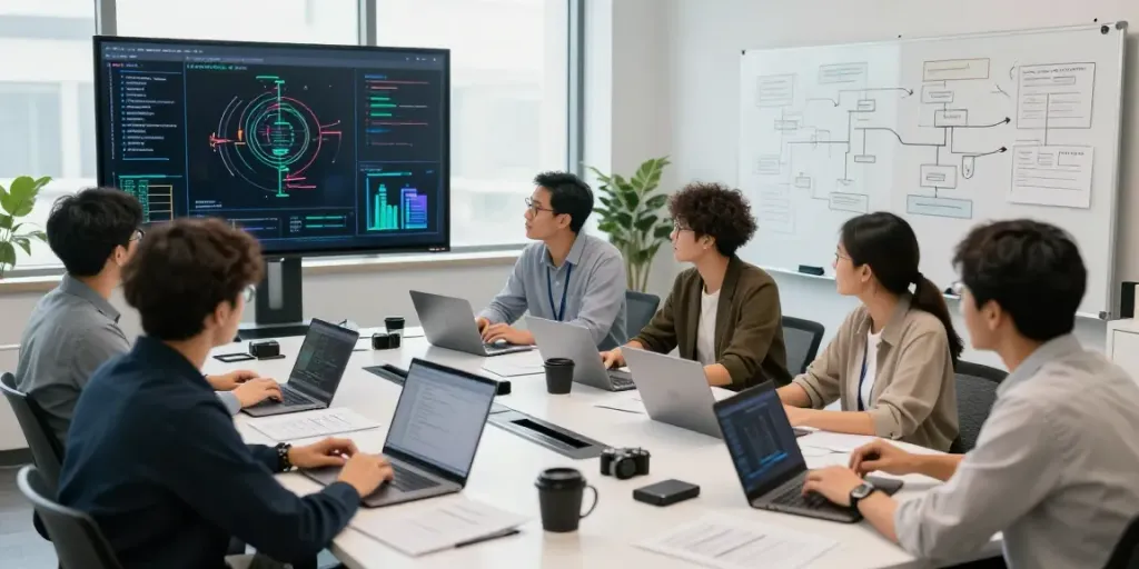 Team evaluating Enterprise AI solutions in a modern workspace, showcasing collaborative technology development.