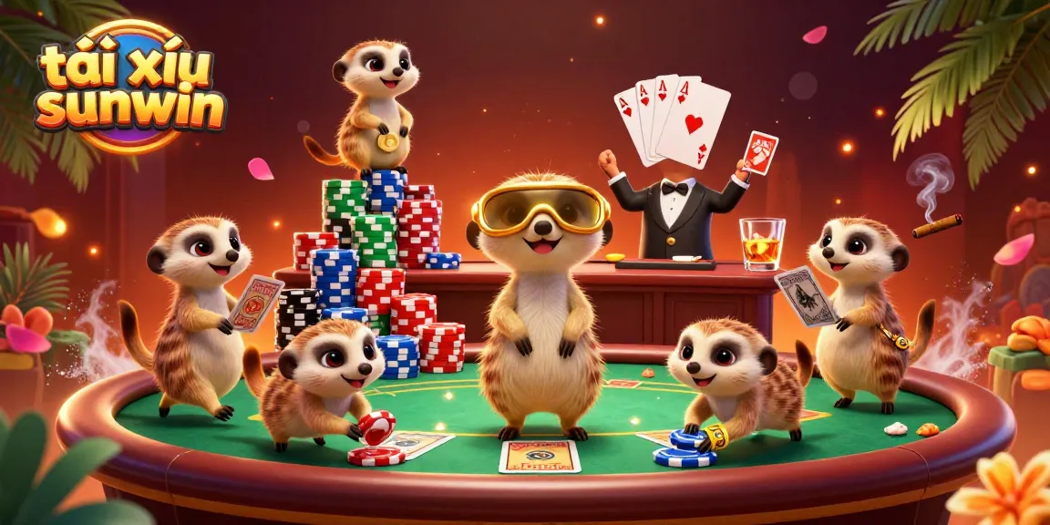 Experience the excitement of tài xỉu sunwin with meerkats managing a vibrant casino scene, showcasing casino elements.