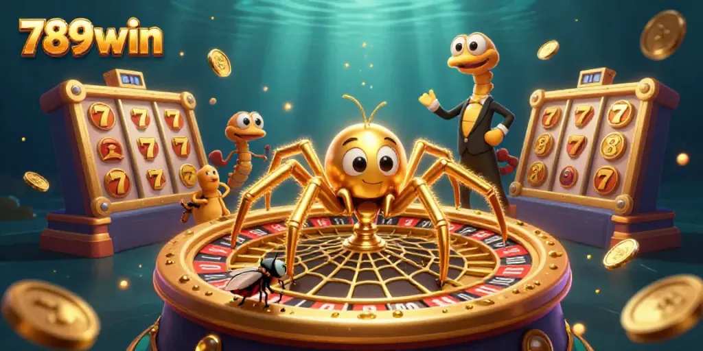 Watch the 789win spider spin a roulette-themed web in a bustling casino scene full of excitement.