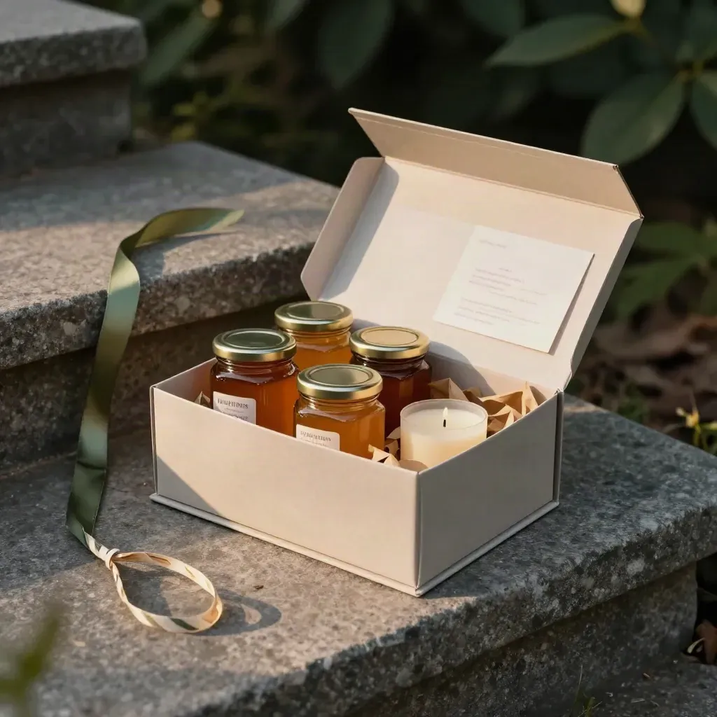 Open honey gift box with three jars, a candle, and straw on a stone step at dusk.