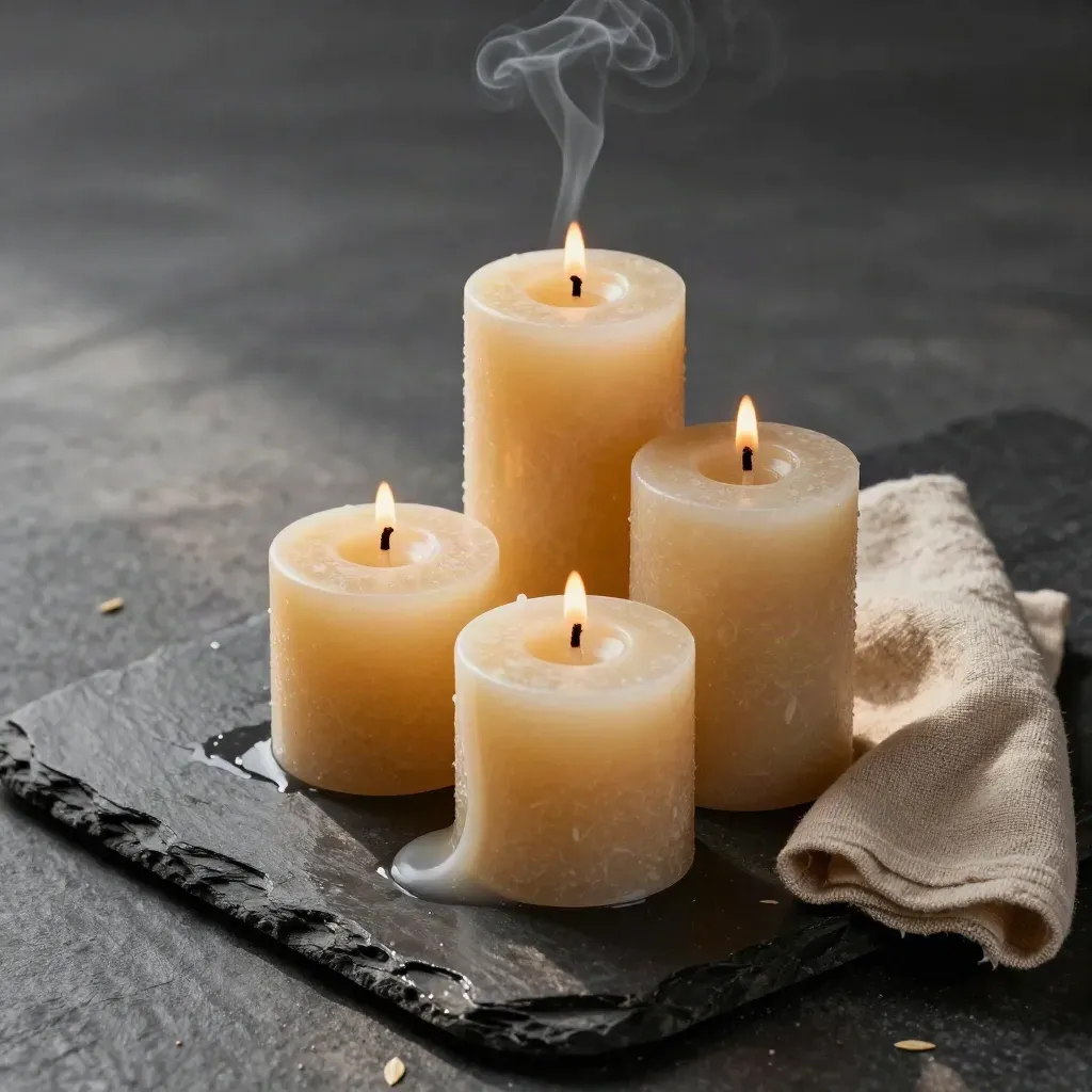 Three beeswax pillar candles on wet slate with pooled wax, linen strip, and a warm smoke curl.