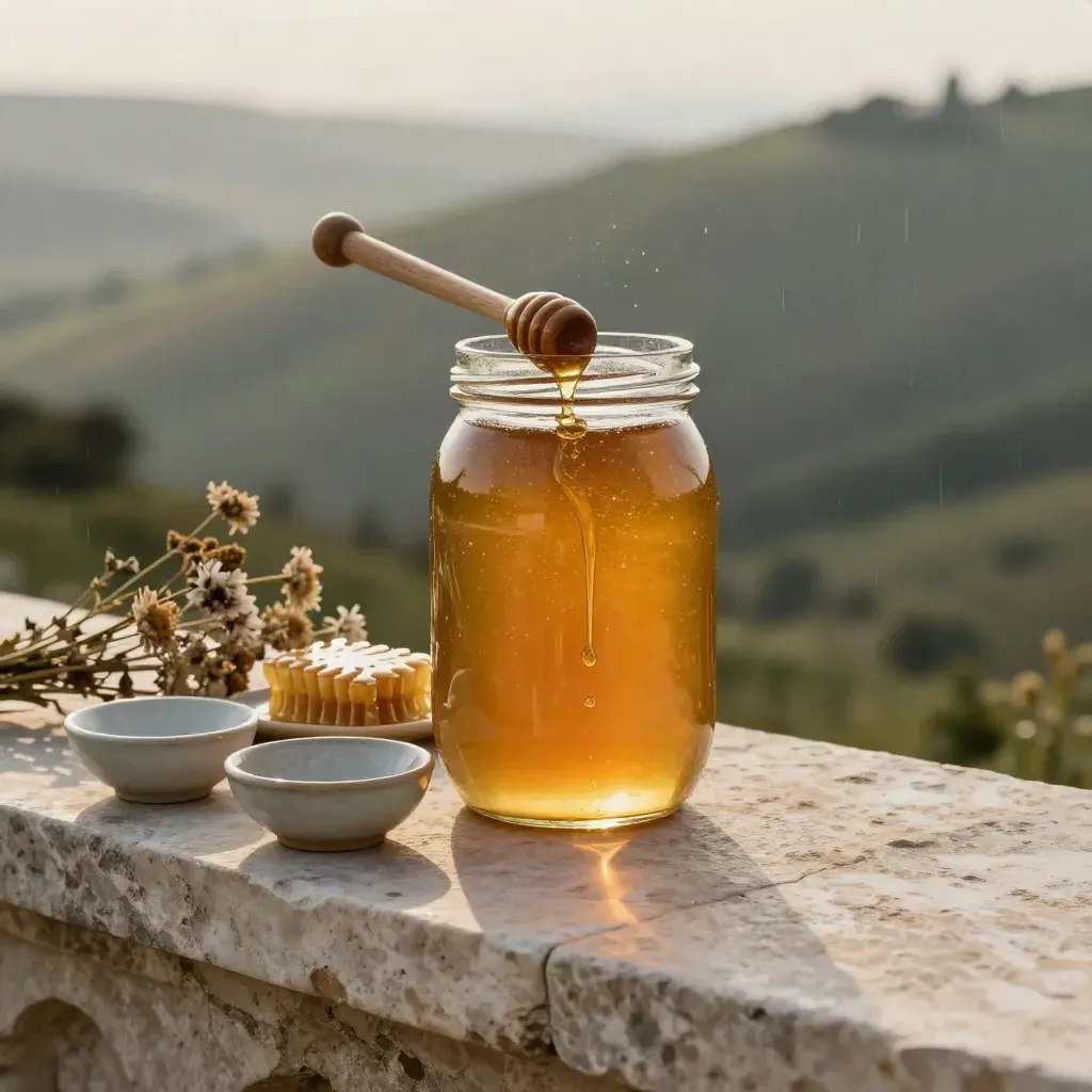 Glass jar of raw honey with dipper, comb, bowls, and dried flowers on a misty stone ledge.