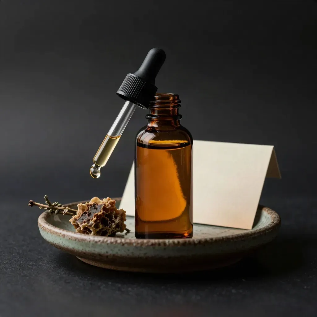 Amber propolis tincture bottle with dropper above a ceramic dish on a dark studio surface.