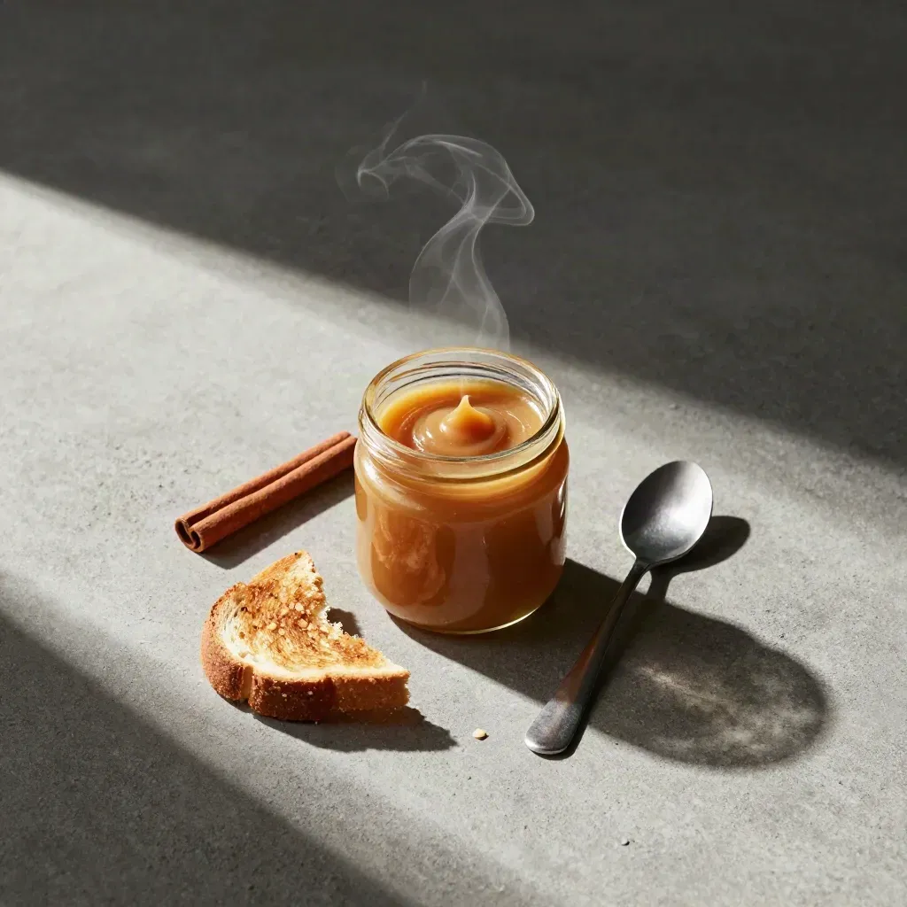 Overhead flatlay of creamed cinnamon honey jar with toast shard, cinnamon stick and spoon on concrete slab