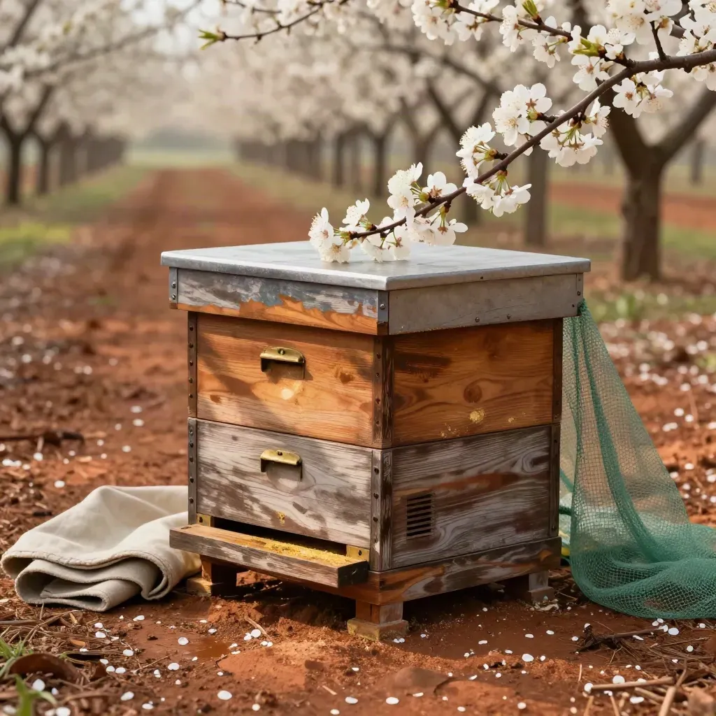 Hive box beside blossoms, bee net and folded tarp in a spring orchard with pollen haze.