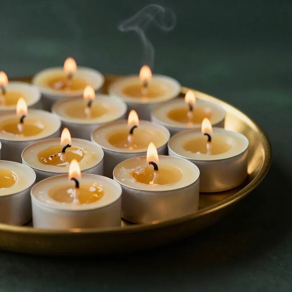 Macro of beeswax tea lights glowing in a brass dish with curling smoke.