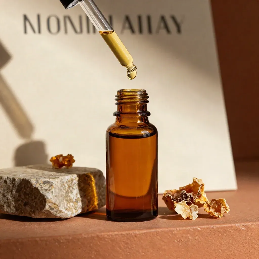 Amber propolis tincture bottle with dropper, stone stand, resin flakes and a hanging drop.